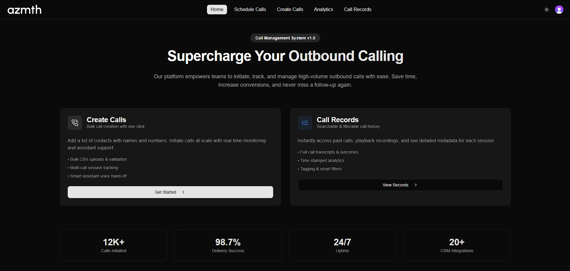 azmth AI Call Management Dashboard showing call analytics, voice agent settings, and real-time call monitoring interface